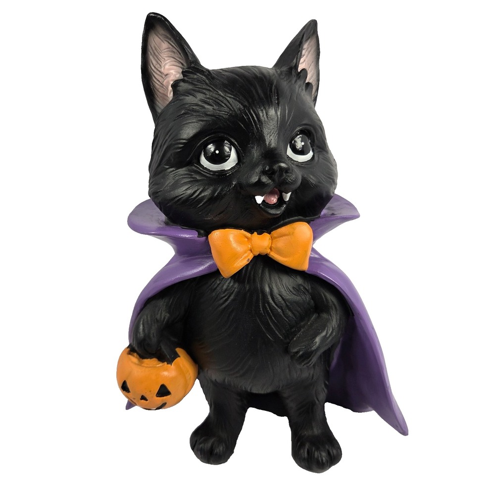 Black Cat Vampire Figurine 9.5 Inch Halloween Pumpkin Cape Gothic Decor